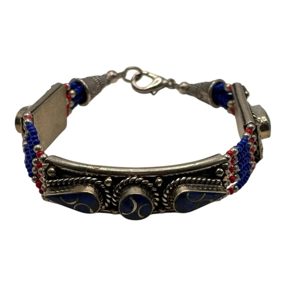 Silver Tone Bracelet Blue Inlay Multi Strand Seed Bead 7